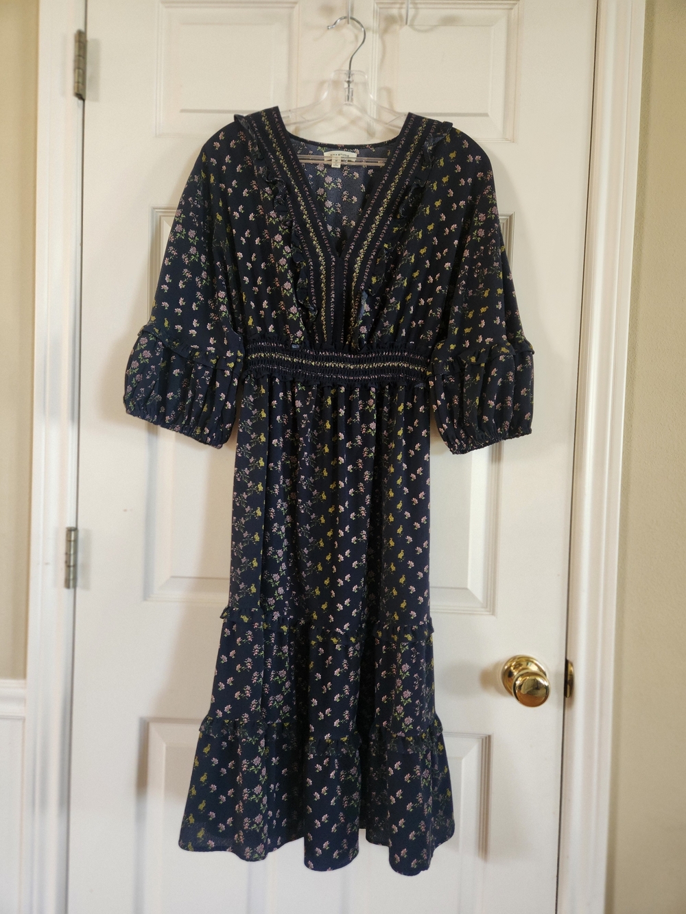Max Studio Navy Floral Smocked-Waist Midi Dress
